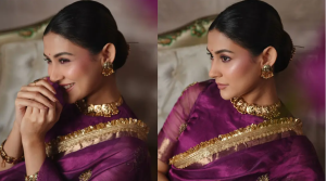 বেগুনি শাড়িতে মেহজাবীনের রাজকীয় সাজ